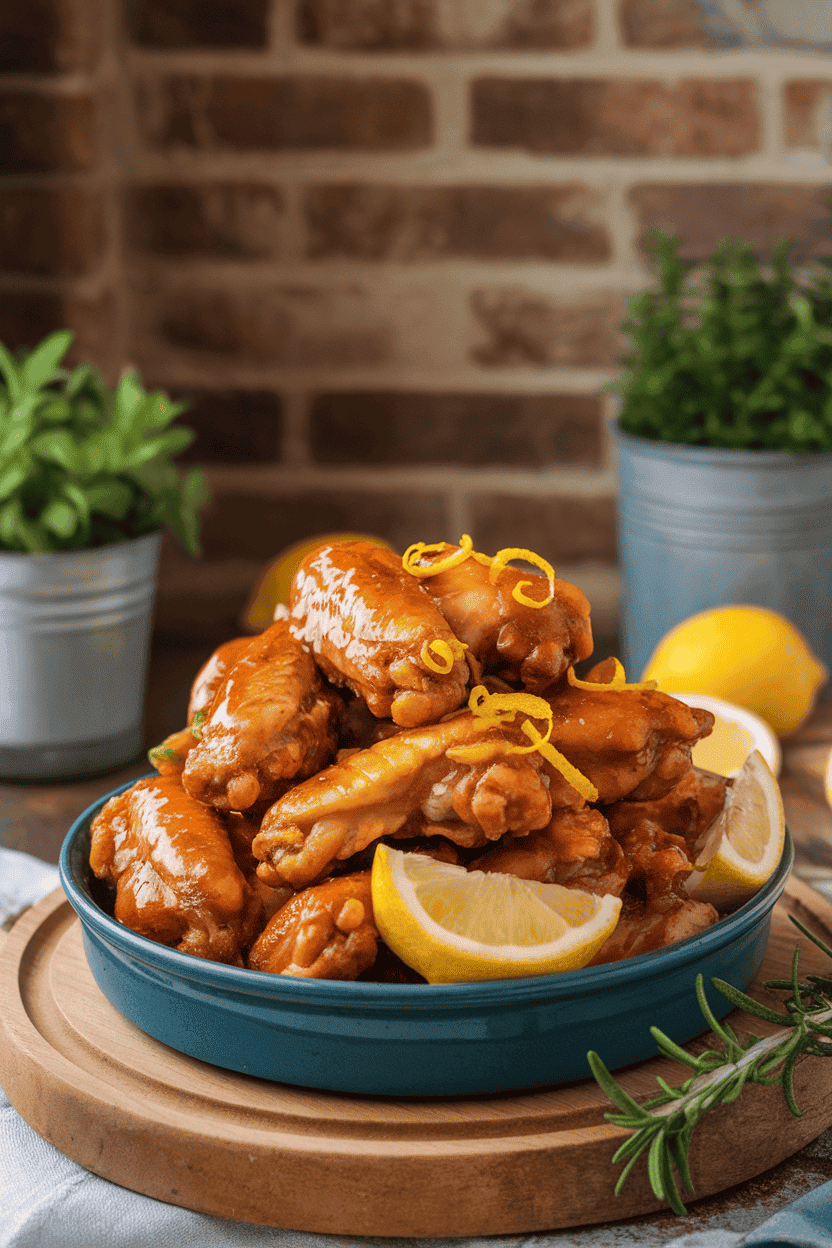 A warm indoor serving dish heaped with glazed lemon pepper chicken wings, garnished with lemon zest. Photo, not illustration. No text or logos.