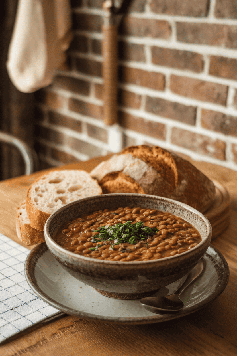 Photo, indoor dining table, a rustic bowl of hearty brown lentil soup garnished with chopped parsley beside a slice of crusty bread; warm lighting; no text or logos.