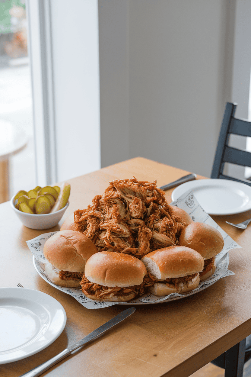 Indoor dining table holding a platter of BBQ pulled chicken piled on hamburger buns with a small bowl of pickles beside, no text or logos in scene.