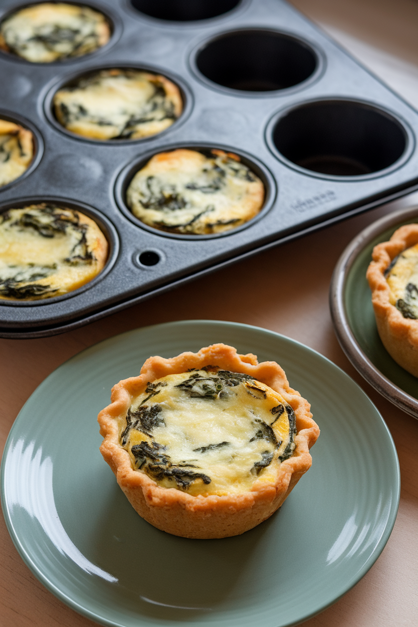 Photo of an indoor muffin tin containing small spinach-and-cheese quiches, one popped out and displayed on a nearby plate. Slight overhead view; no logos or text.