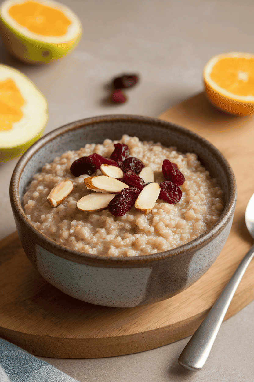 A ceramic indoor bowl filled with creamy quinoa porridge, topped with sliced almonds and dried cranberries; no brands, neutral background. Photo, not illustration.
