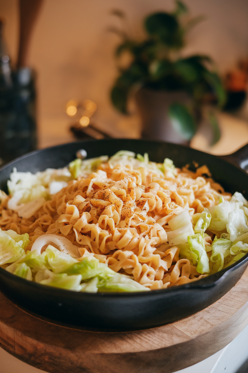 Indoor photo of a skillet of buttery noodles mixed with sautéed cabbage and onions, specks of black pepper visible. No text or logos.