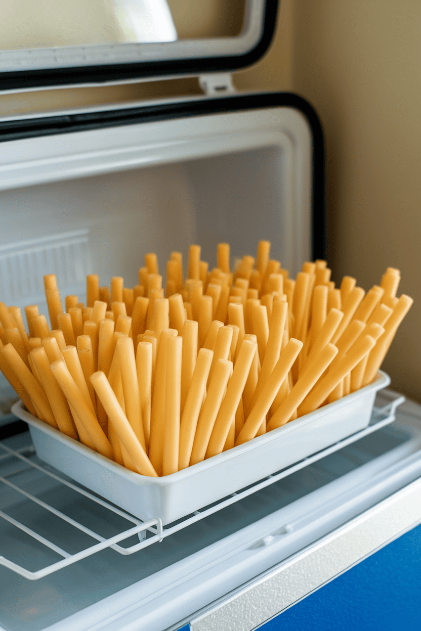 A photo of individually wrapped mozzarella string cheese sticks arranged in a small indoor cooler compartment, no text or logos.
