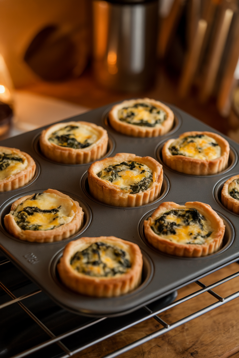 Warm indoor oven rack view of a muffin tin holding individual mini quiches with spinach and cheese tops lightly browned. No branding visible.