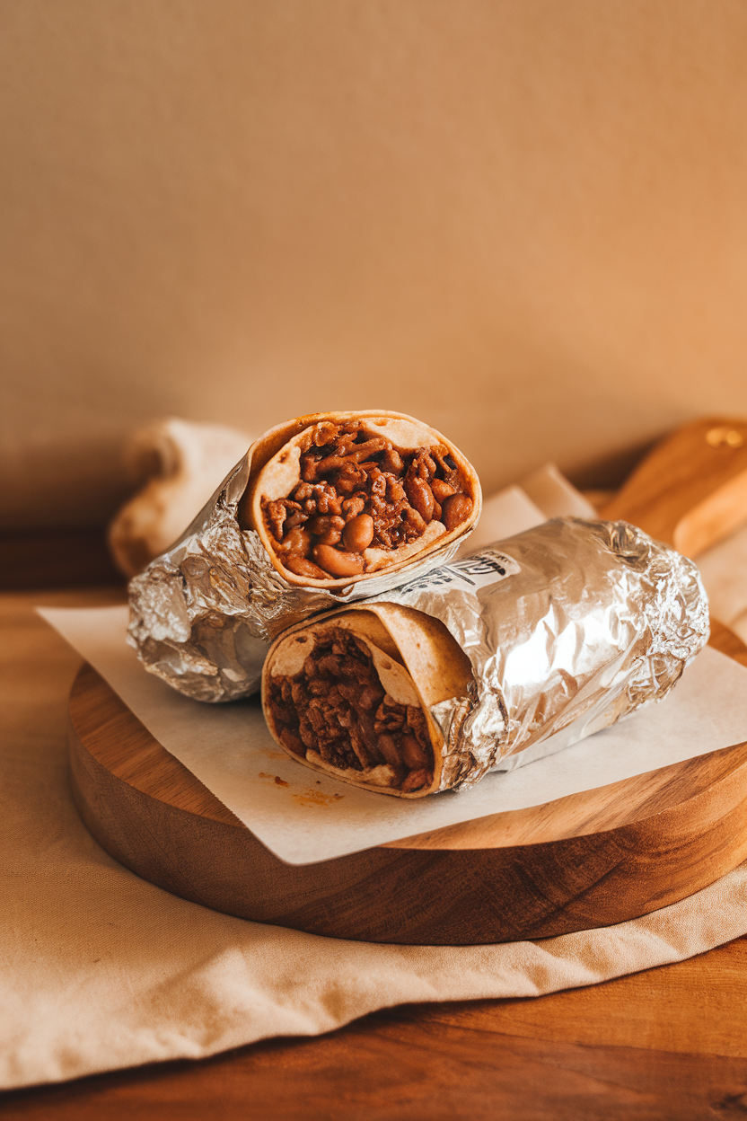 Indoor shot of foil-wrapped beef and bean burritos cut open to reveal filling, resting on a wooden board. Warm lighting; no logos or text. Photo, not illustration.