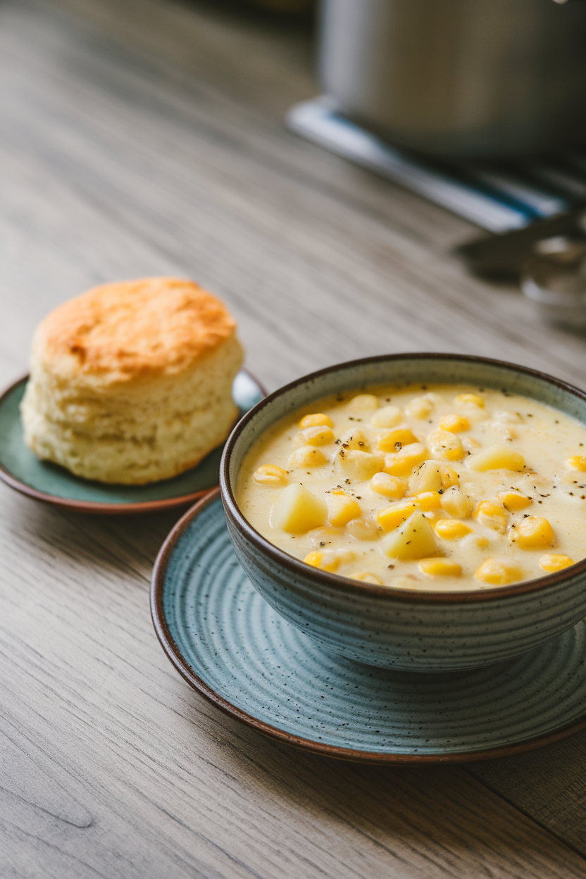 Indoor photo of a bowl of creamy corn chowder speckled with potatoes, fluffy biscuit on a small plate nearby, no text or logos