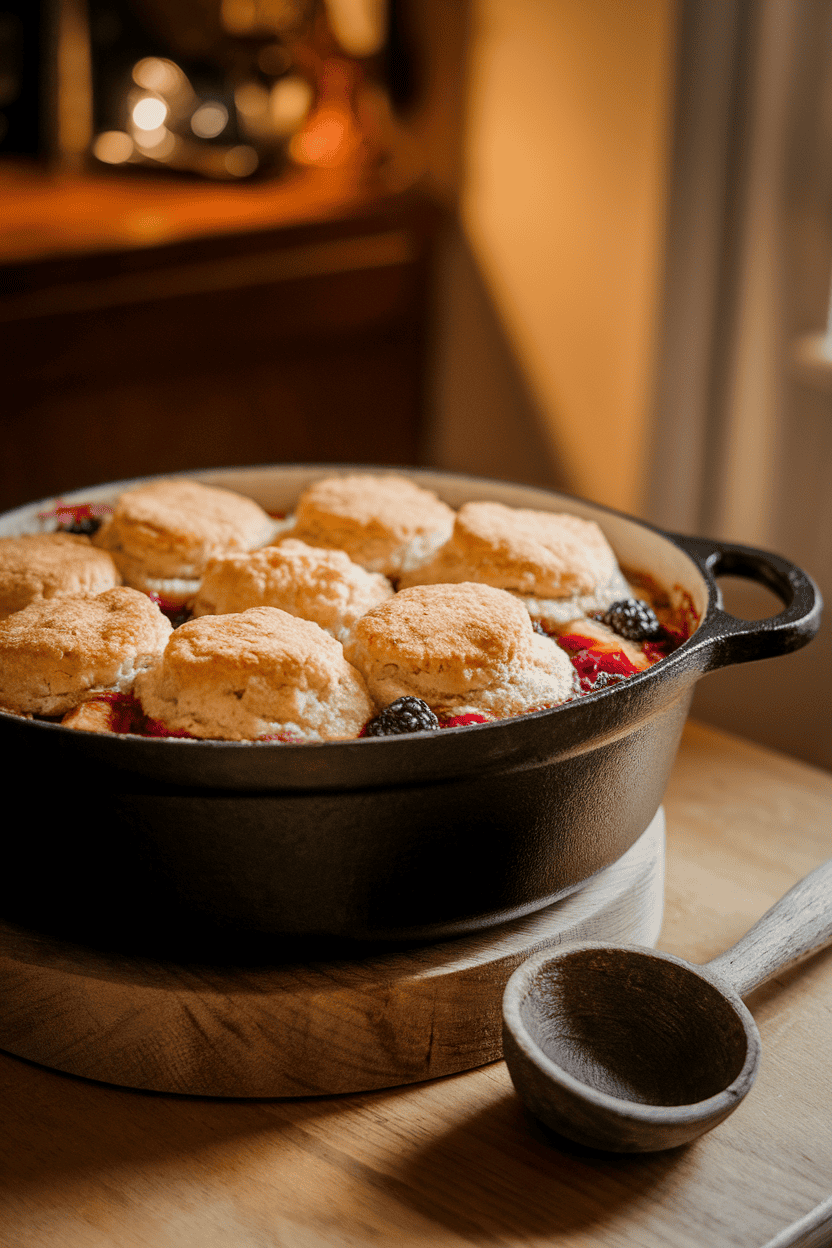 An indoor Dutch oven holding bubbling peach and berry cobbler with a golden biscuit topping, ladle nearby; no branding, inviting warm light. Photo, not illustration.