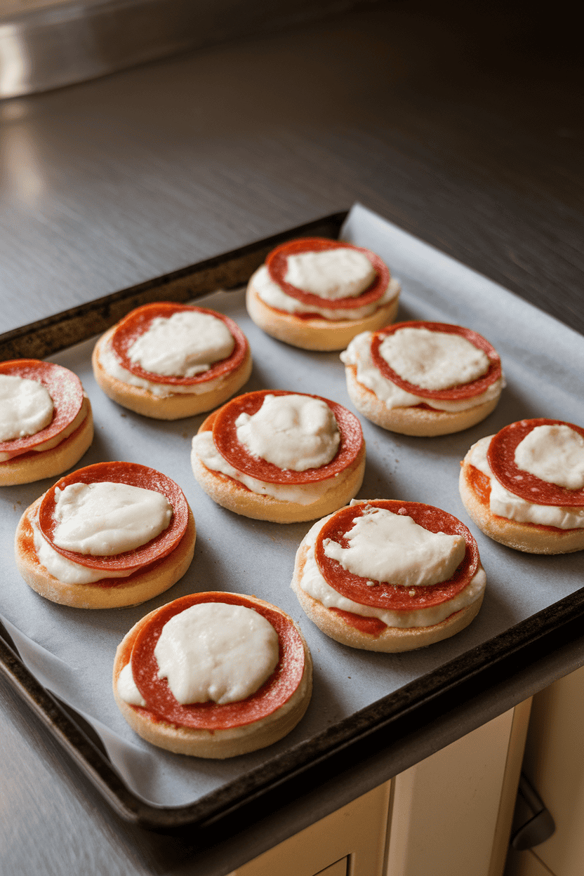Indoor countertop with open-faced English muffin halves topped with melted mozzarella and pepperoni slices, resting on a baking sheet. No text or logos, even kitchen lighting. Photo only.