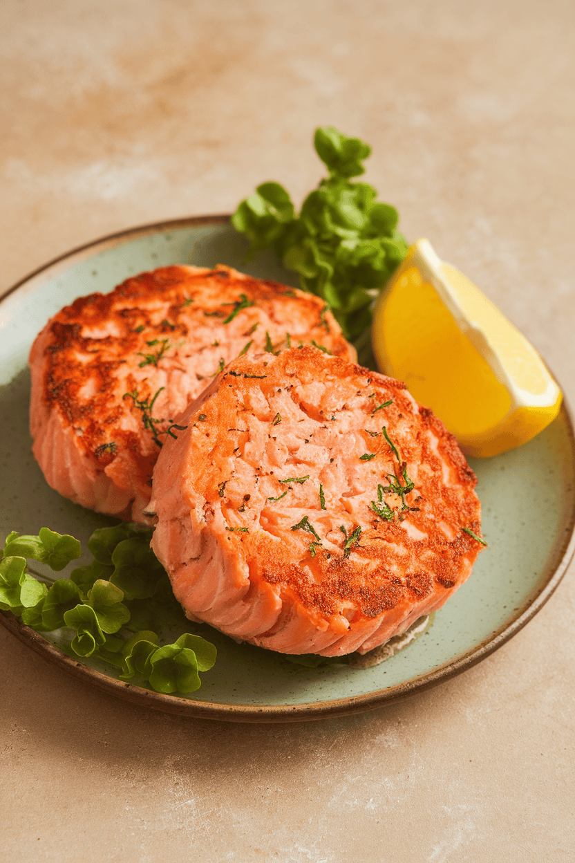Photo of two golden pan-seared salmon patties on a small indoor plate with a lemon wedge; no text or logos present.