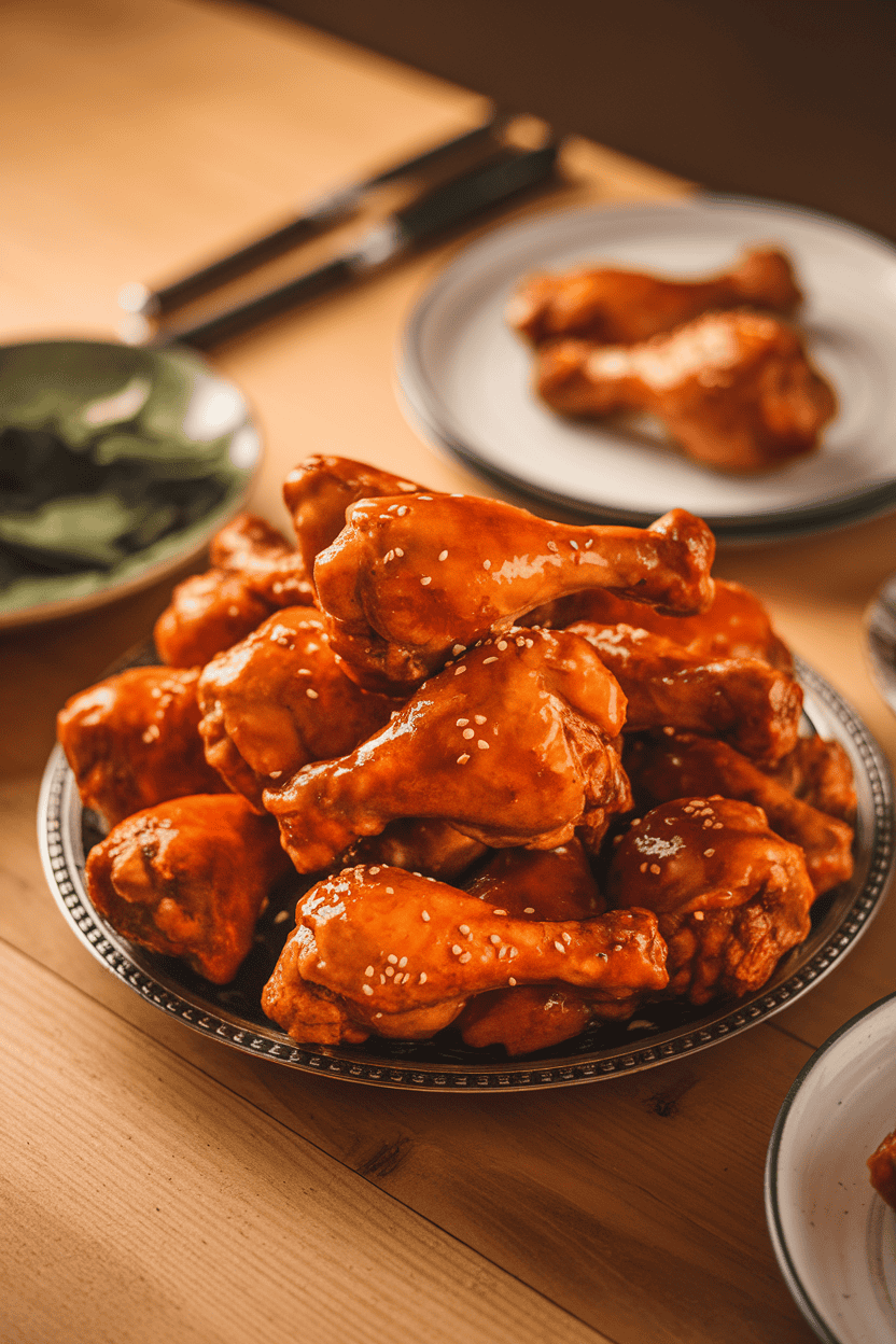 Photo of a platter piled with glazed chicken drumsticks, sesame seeds sprinkled on top; captured indoors on a wooden table; no text or logos.