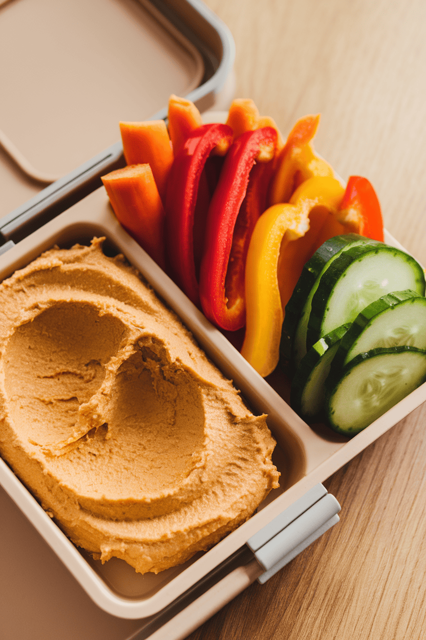 Photo prompt: Indoor lunchbox tray filled with hummus in one compartment and colorful sliced vegetables—carrot sticks, cucumber, bell pepper—in another; no text, no logos.