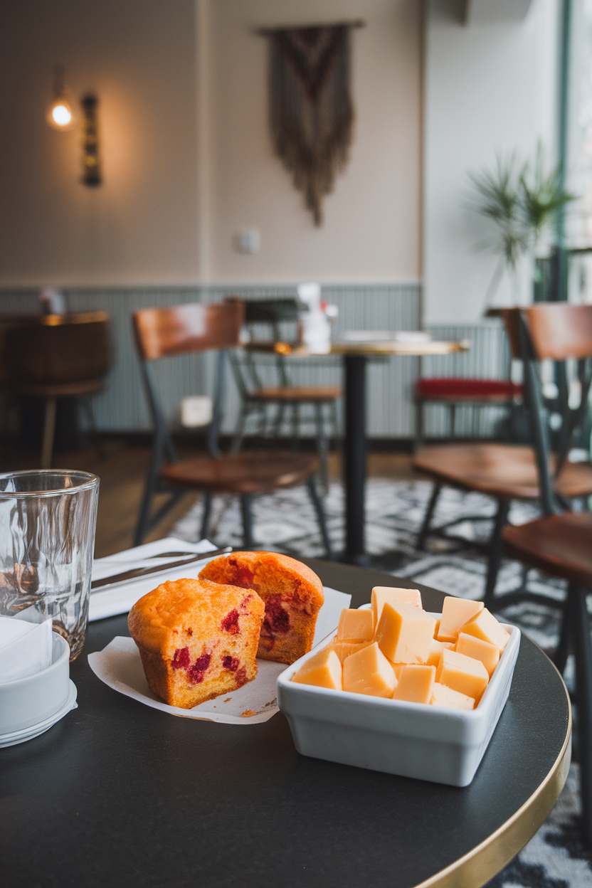 Indoor café table scene with a split cranberry-orange muffin next to cubes of sharp white cheddar in a compartmentalized container. No text or branding.