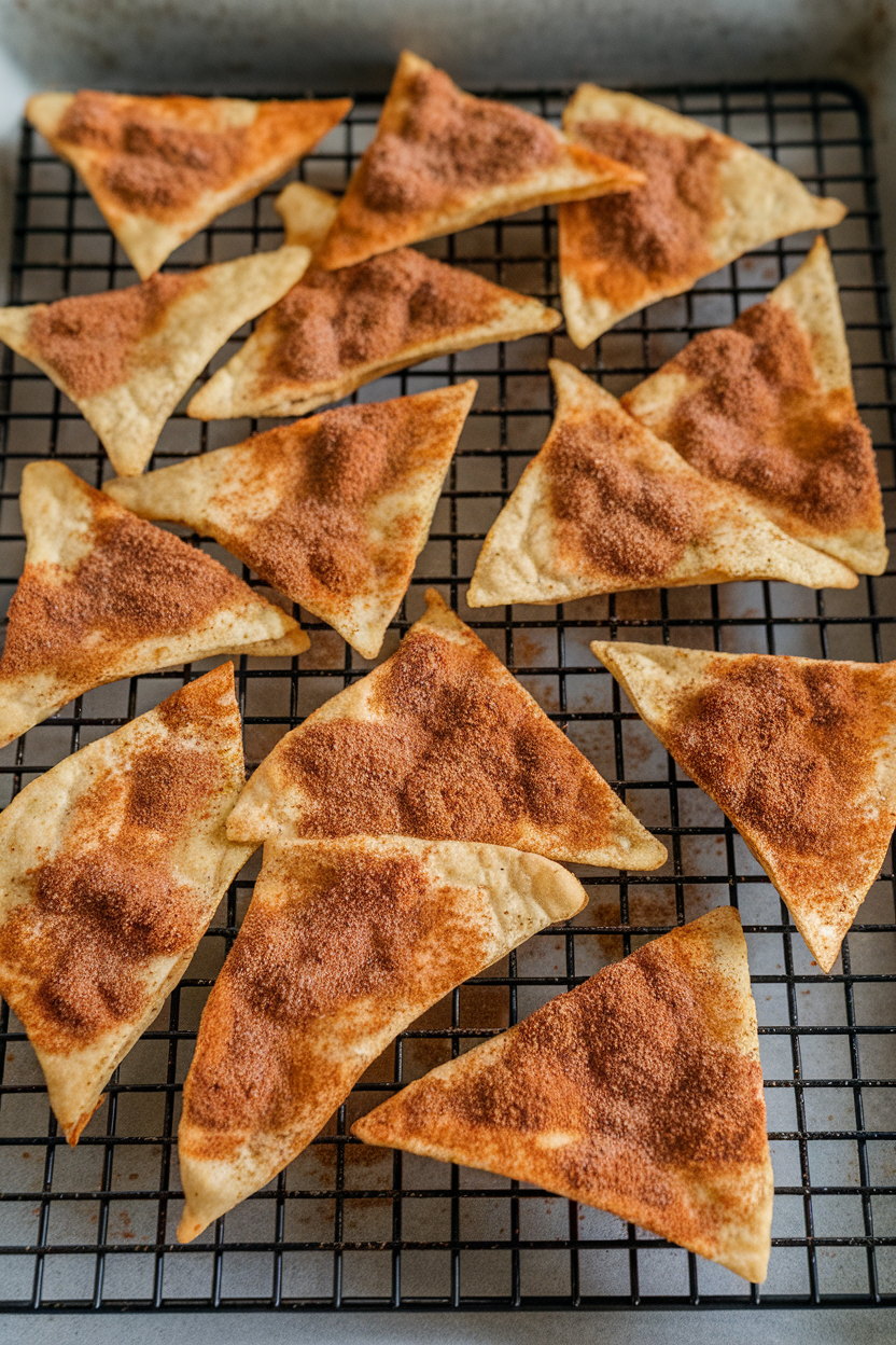 Indoor baking sheet of crispy baked tortilla triangles dusted with cinnamon sugar, cooling on a rack. No text or logos present.