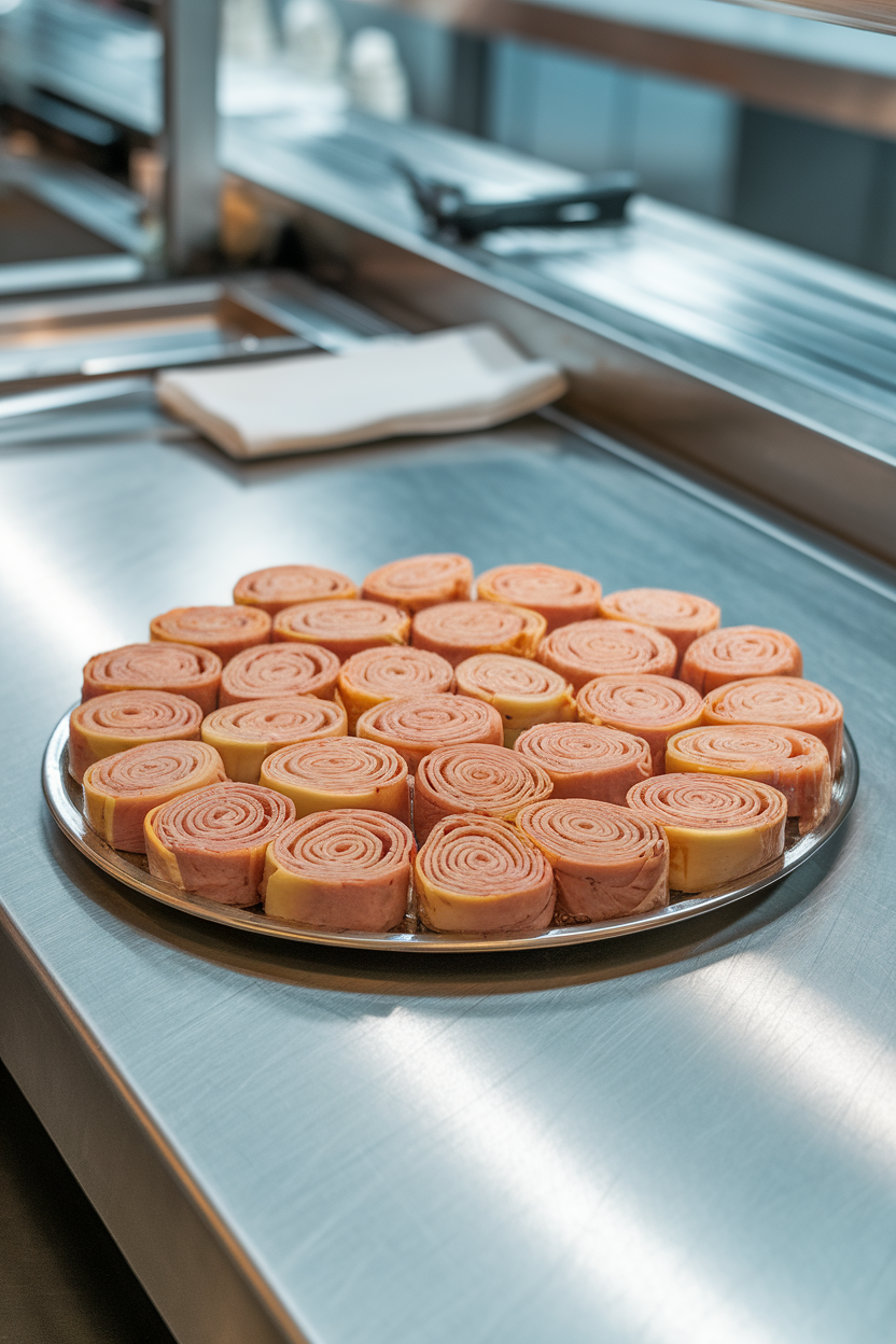 Indoor lunch counter showing spiral turkey and cheese pinwheel slices arranged in a circle on a plain platter. No text or logos.