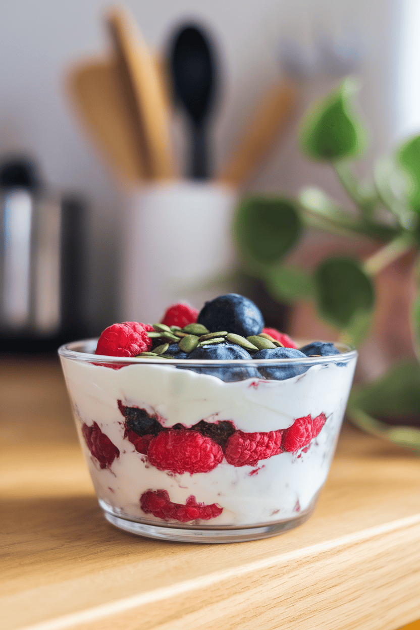 A clear indoor bowl layered with thick Greek yogurt, fresh berries, and a sprinkle of green pumpkin seeds; morning kitchen light; no text or logos; photo only.