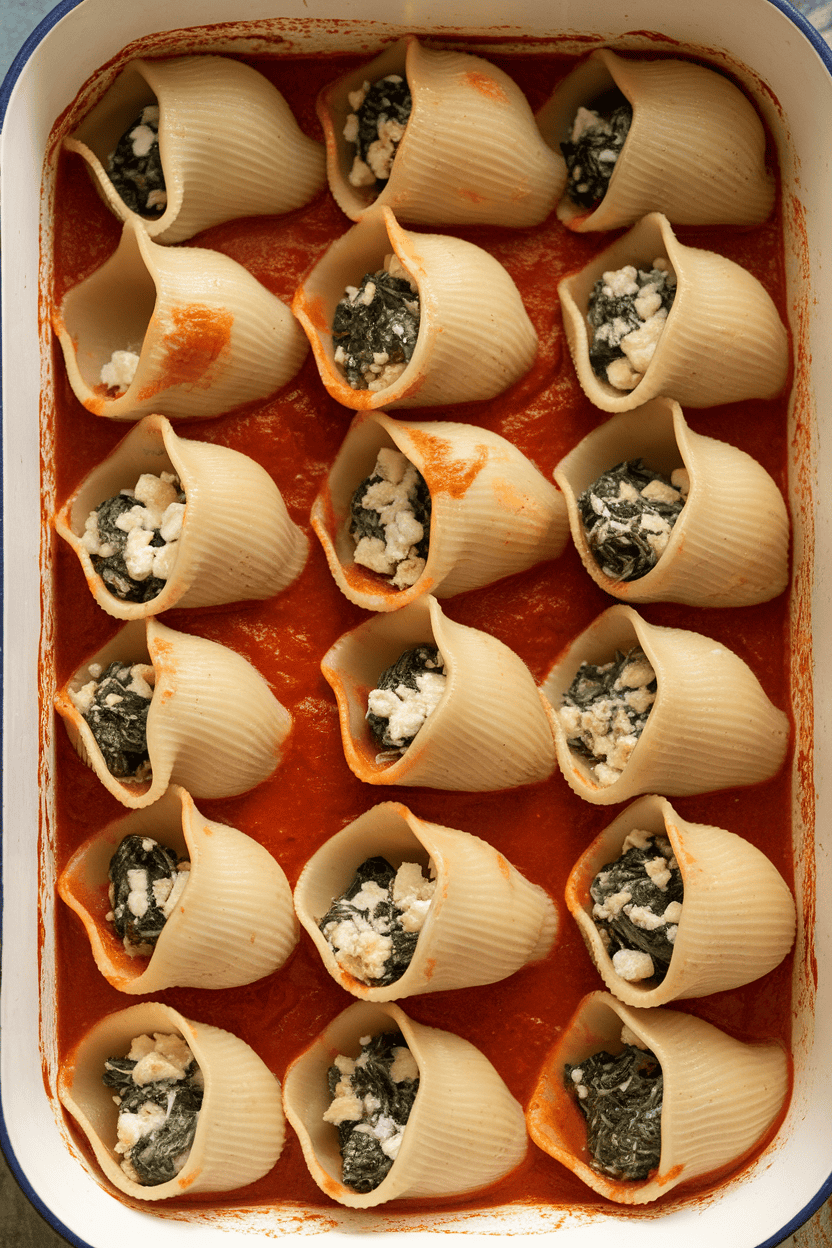 An indoor casserole dish packed with jumbo pasta shells filled with spinach-feta mixture, marinara sauce pooled beneath, no logos.