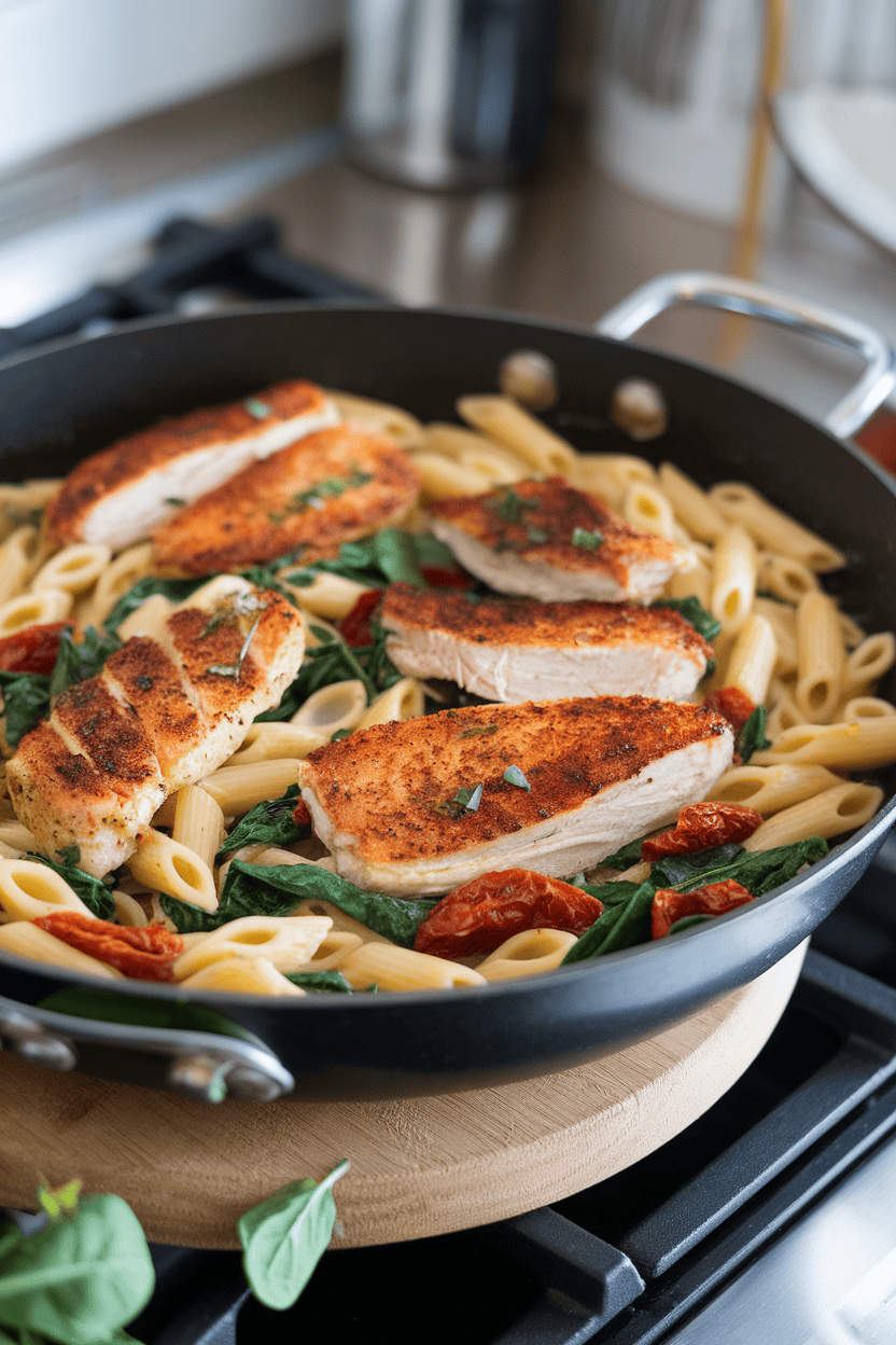 Indoor stovetop shot of a deep skillet filled with creamy penne, sun-dried tomatoes, spinach, and seared chicken strips; no text or logos, photo depiction.