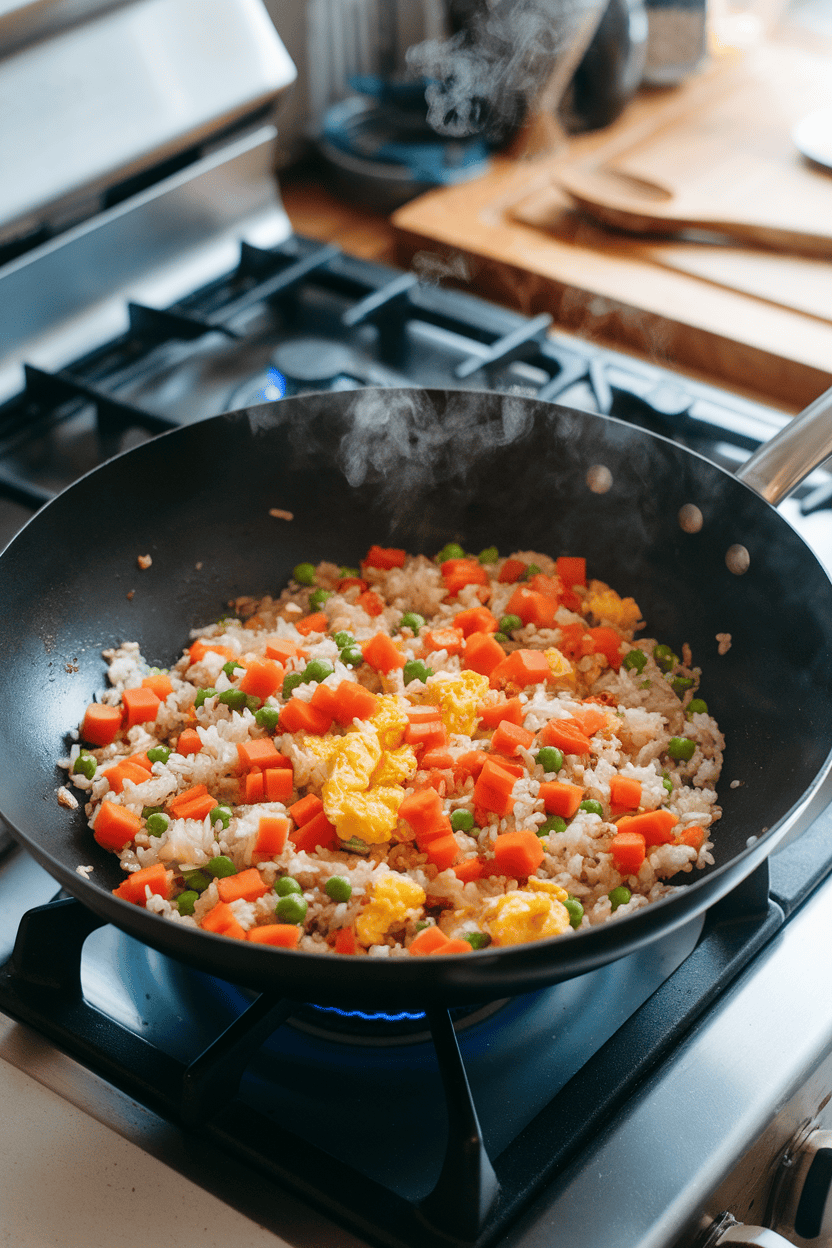 Indoor stovetop scene with a wok containing colorful fried rice—carrot dice, peas, scrambled egg, and rice grains lightly glazed with soy sauce—steam visible, no brands or logos.