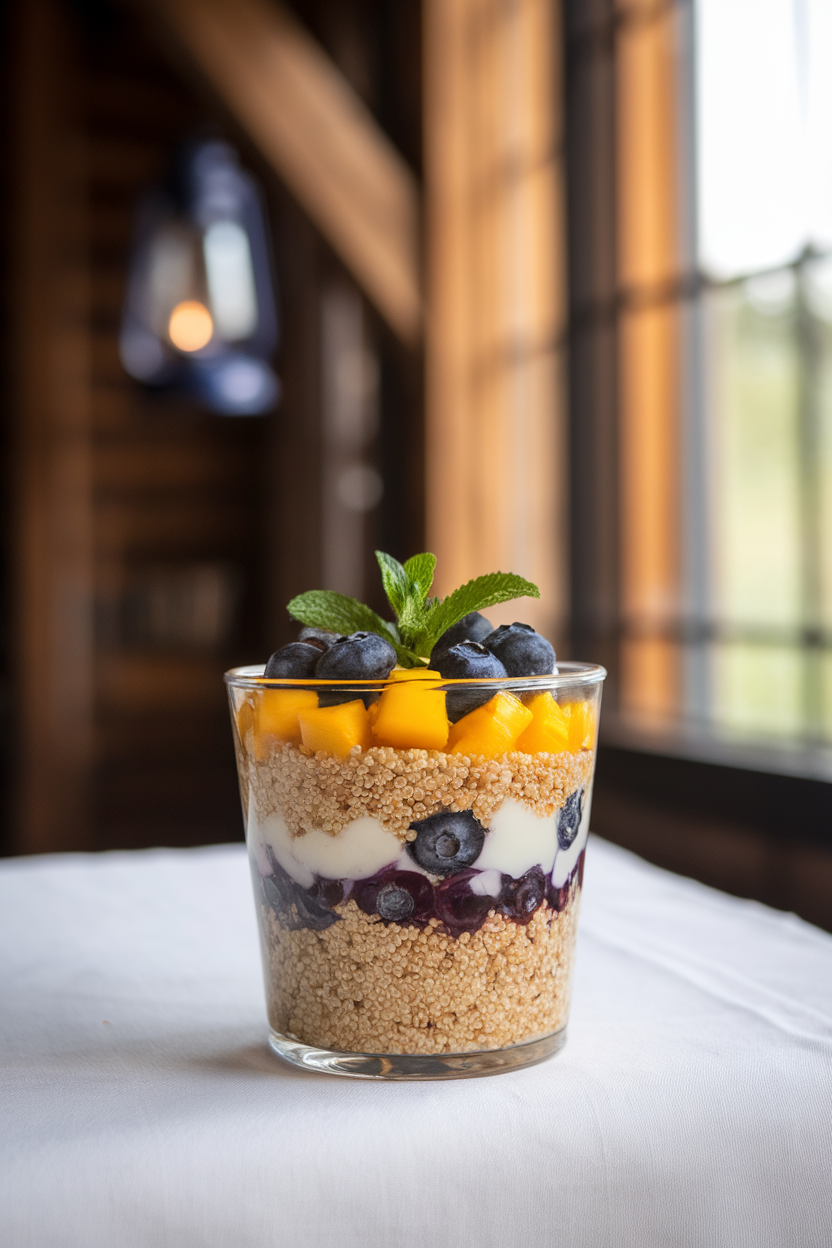 Indoor tabletop photo of a clear cup layered with cooked chilled quinoa, diced mango, blueberries, and mint leaves. Soft daylight from a window; no branding.