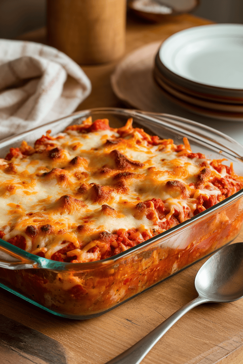 Warm indoor setting with a glass casserole dish of bubbling baked ziti, cheese browned on top, serving spoon resting nearby, no logos visible.