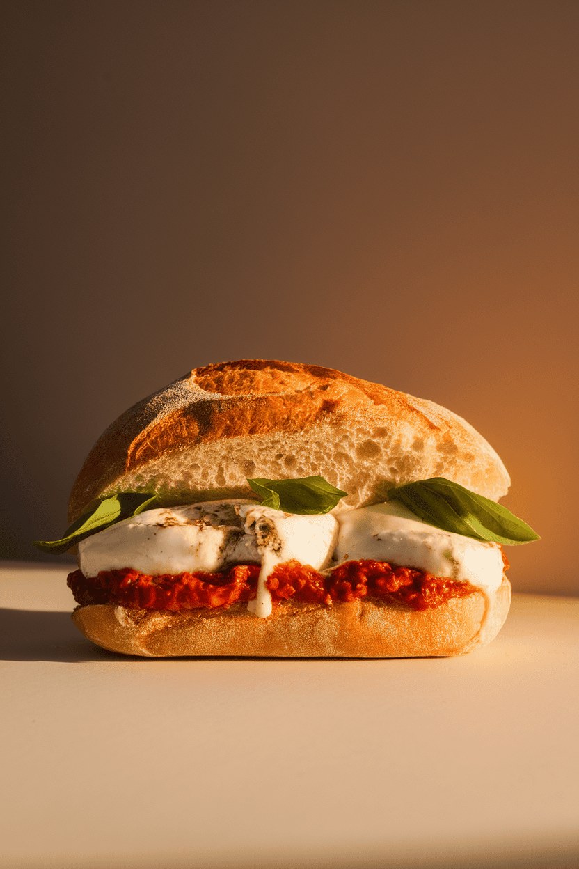 Indoor photo of a ciabatta roll stuffed with sun-dried tomato pesto, melted mozzarella, and basil leaves, cheese stretching slightly. Warm light, plain backdrop, no branding.
