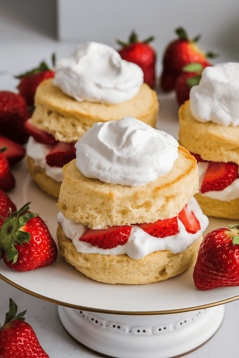 Indoor photo of fluffy shortcake biscuits split and filled with macerated strawberries and whipped cream on a white platter; no text or logos