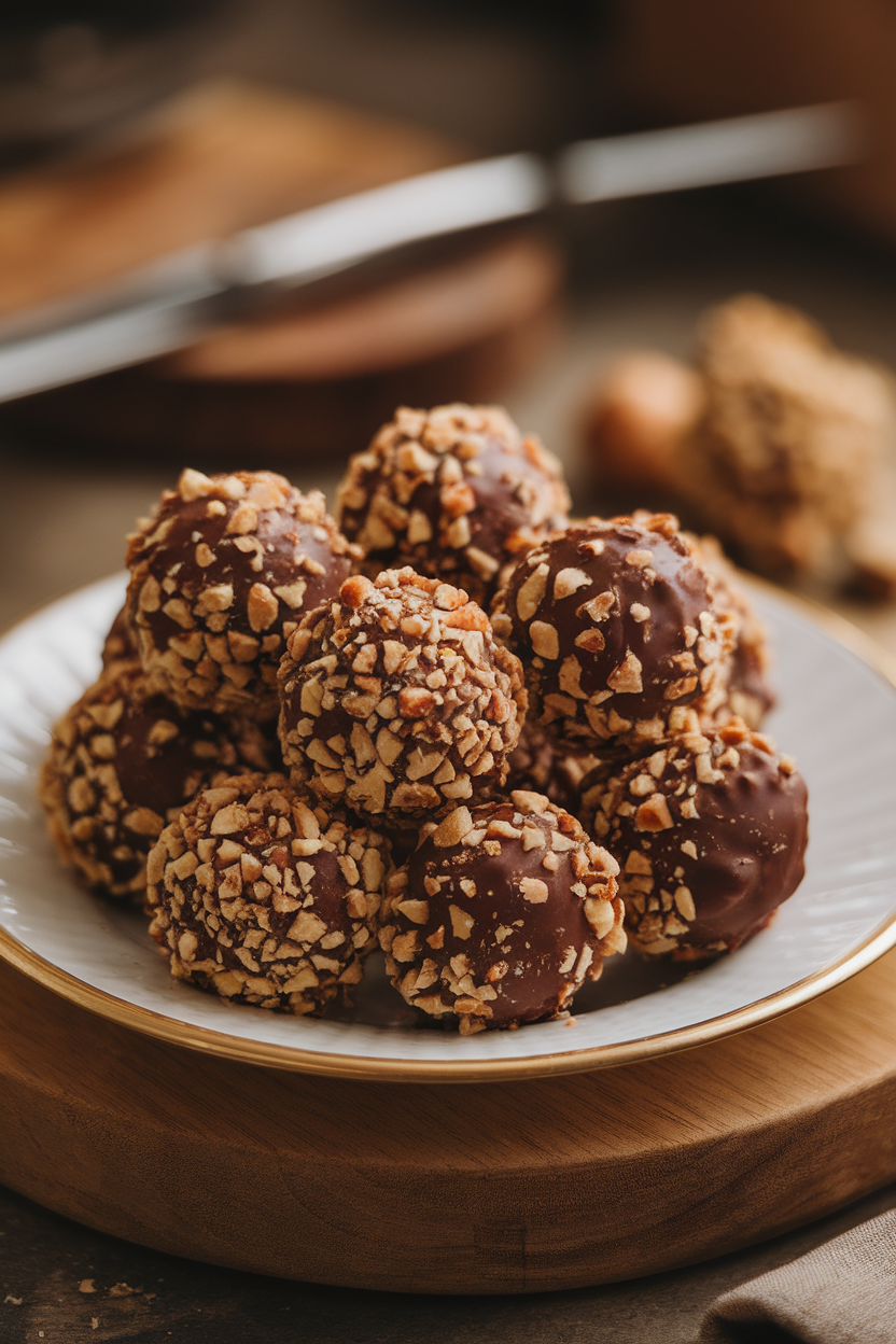 A plate of round chocolate truffles rolled in crushed hazelnuts, soft indoor lighting. Photo, no text or logos.