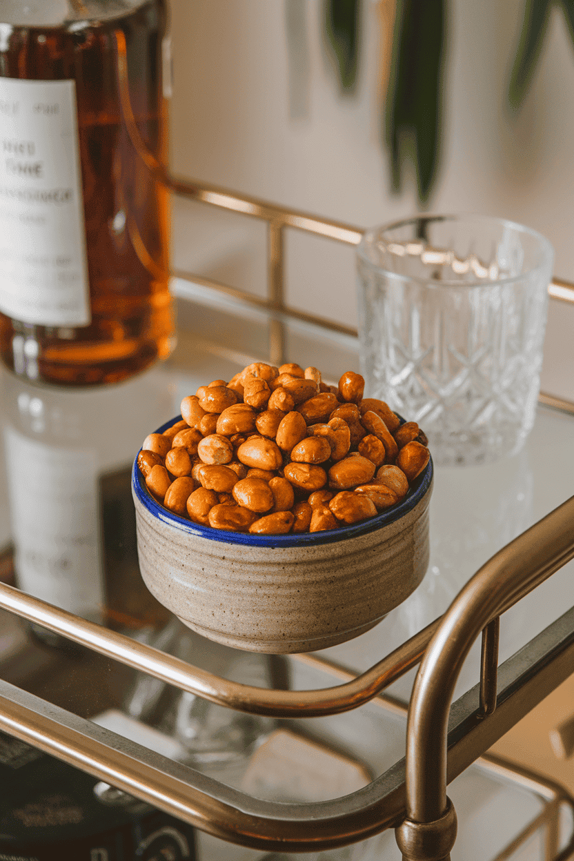 A small ceramic bowl of roasted mixed nuts coated in a shiny sweet-spicy glaze set on an indoor bar cart; no text or logos. Photo, not illustration.