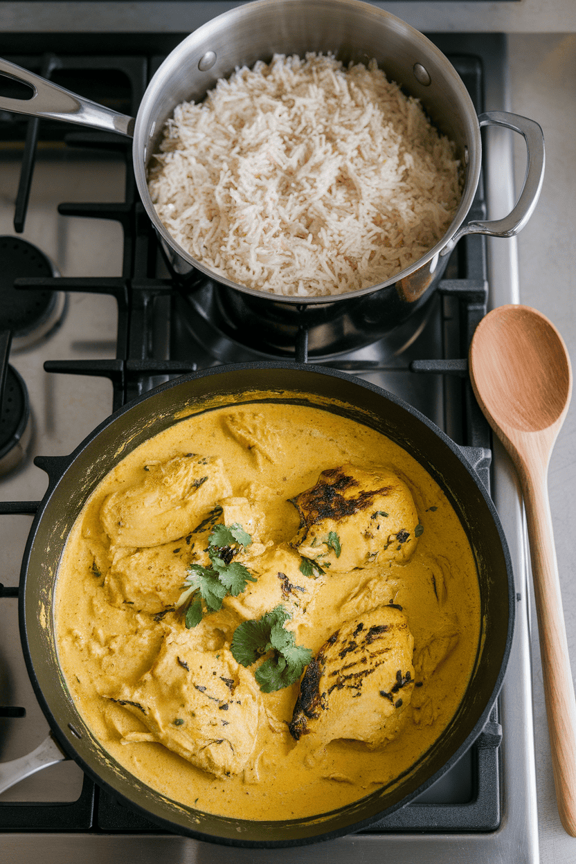 An indoor stovetop scene showing a skillet of creamy yellow chicken curry beside a pot of fluffy coconut rice, ladle resting on the pan. No text or branding visible.