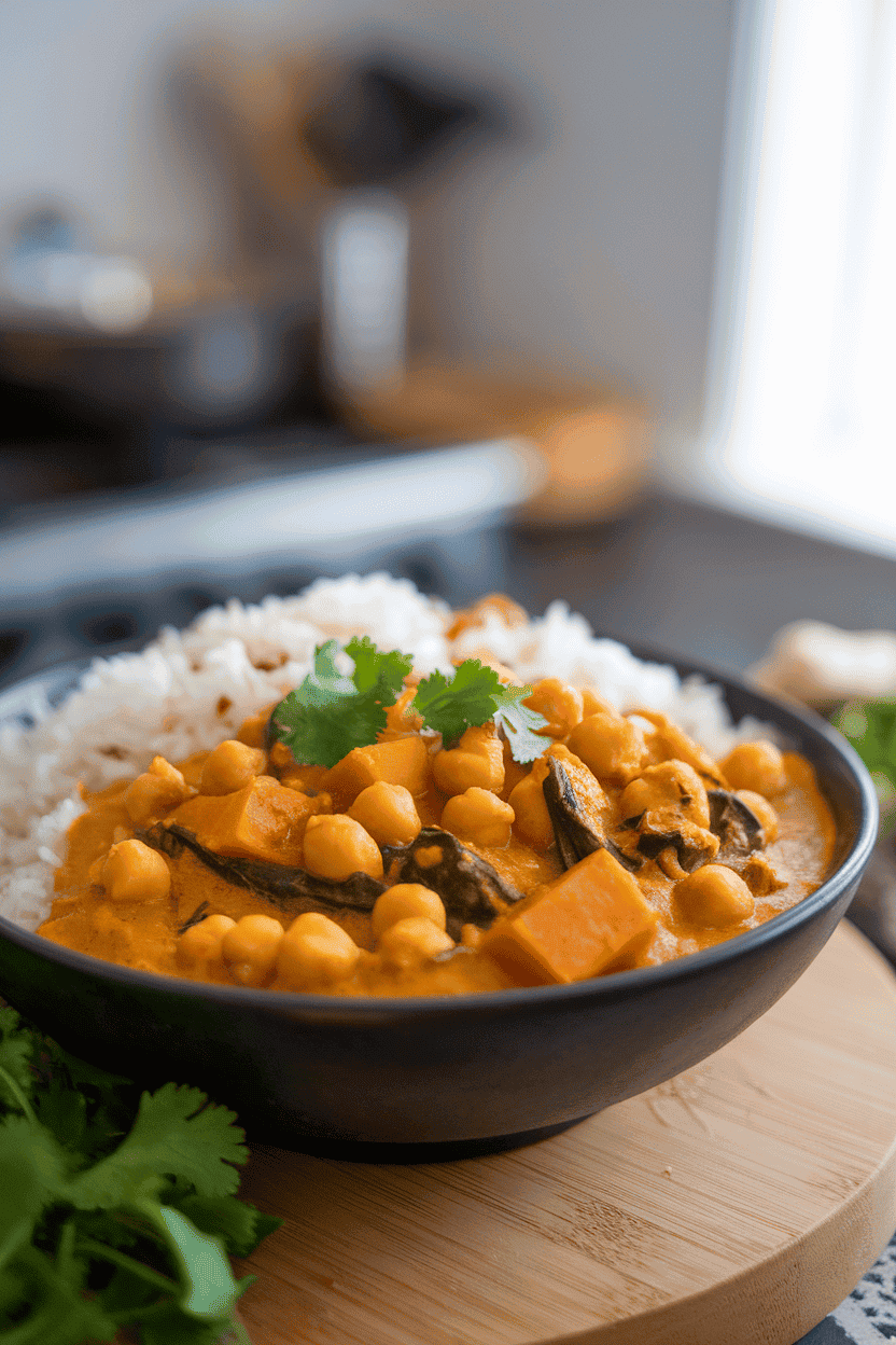 An indoor bowl of golden curry stew filled with chickpeas, sweet potatoes, and spinach, served with rice—photo, no text or logos.
