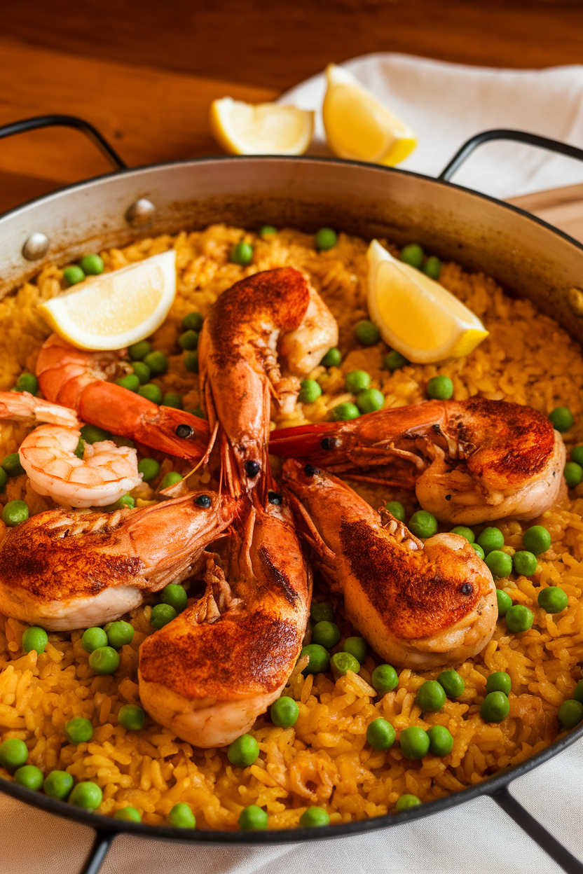 Indoor photo of golden paella rice with cooked chicken, shrimp, and peas in a wide Dutch oven, lemon wedges on the side. No text or logos.