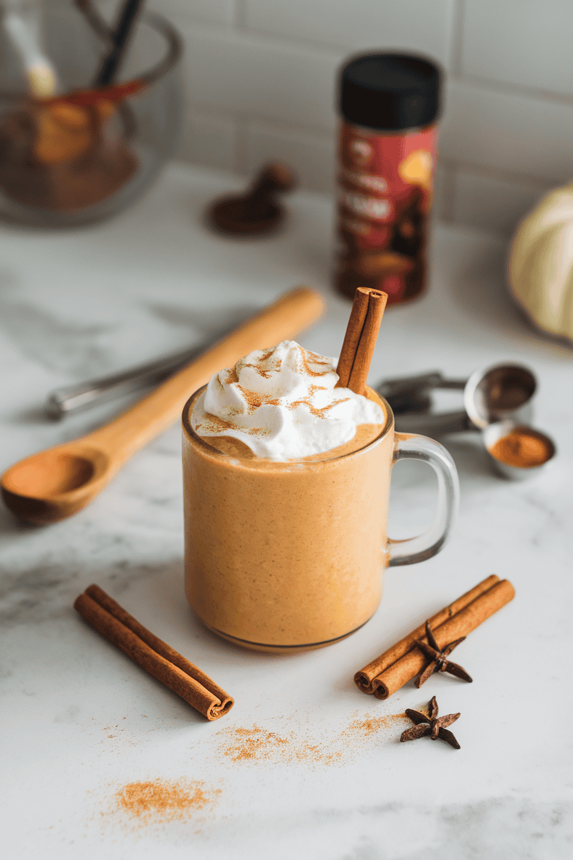 A fall-themed indoor countertop with an orange pumpkin smoothie in a small mug, whole spices like cinnamon sticks sprinkled around. Photo, no text or logos.