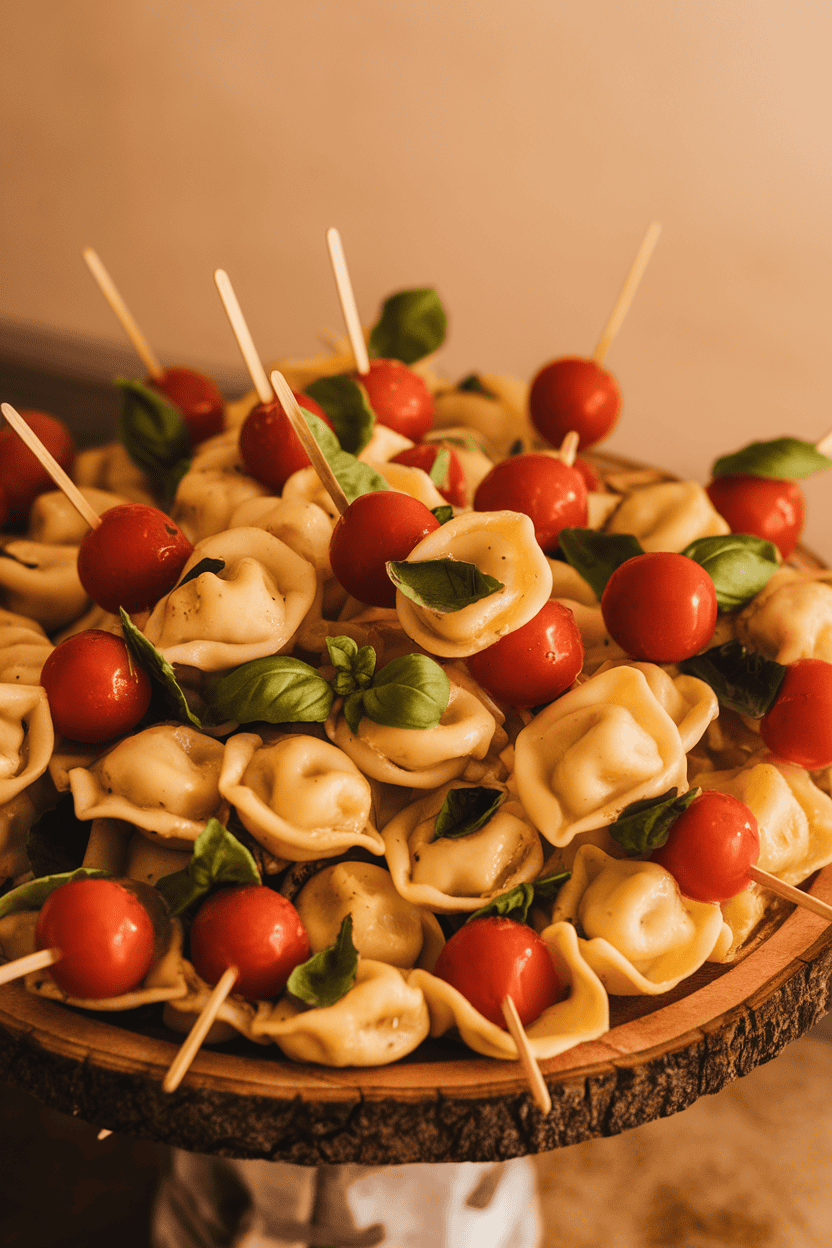 An indoor platter with wooden skewers holding cooked cheese tortellini, cherry tomatoes, and basil leaves, lightly brushed with olive oil. Warm indoor light; no logos or text. Photo not illustration.
