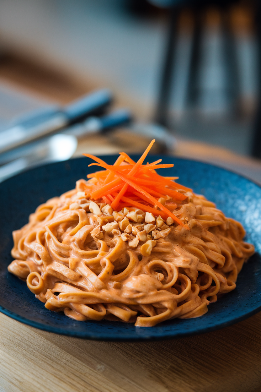 Indoor photo of a plate of linguine coated in creamy peanut sauce, topped with julienned carrots and chopped peanuts. No text or logos in view.