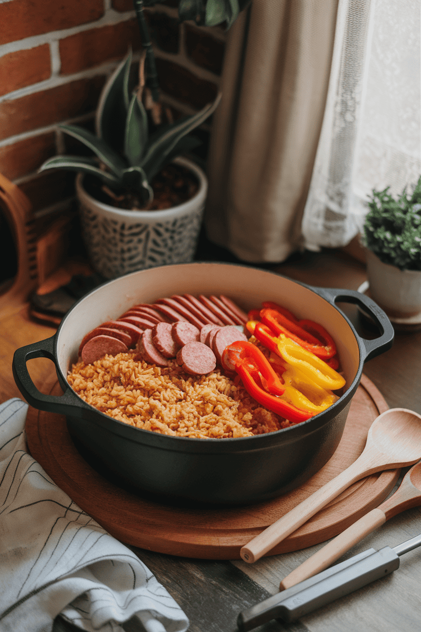 Cozy indoor kitchen scene with a Dutch oven filled with cooked rice, sliced smoked sausage, and colorful bell peppers; no text or logos on pot or utensils.