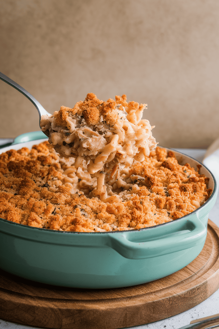 Indoor photo of a casserole dish with tuna noodle bake, breadcrumb topping browned, a serving spoon lifting a creamy portion; no text or logos present.