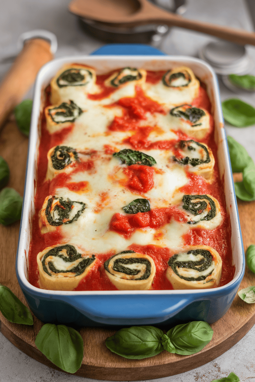 An indoor casserole dish with individual lasagna noodles rolled around ricotta and spinach, topped with bubbling marinara and melted mozzarella. No text or logos. Photo, not illustration.