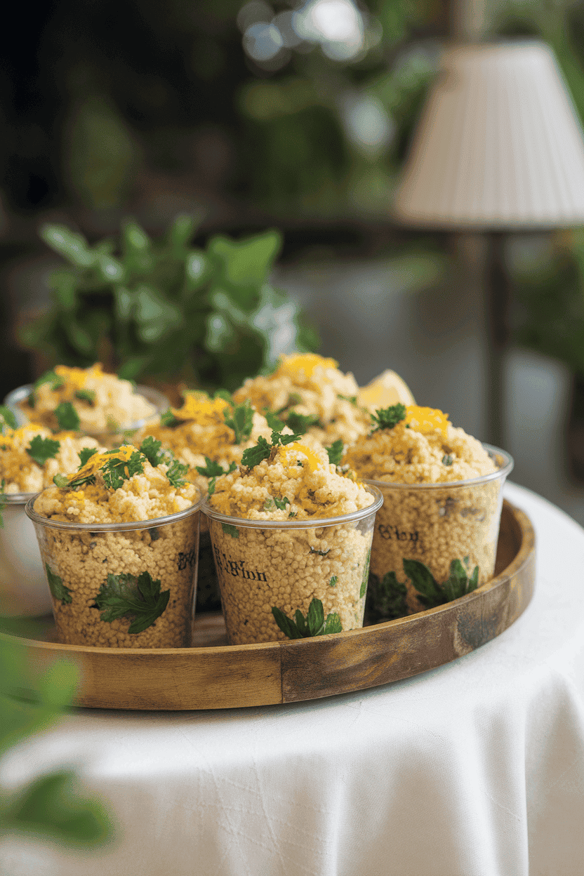An indoor table with reusable cups filled with fluffy couscous mixed with parsley, chickpeas, and lemon zest. No logos or text present.