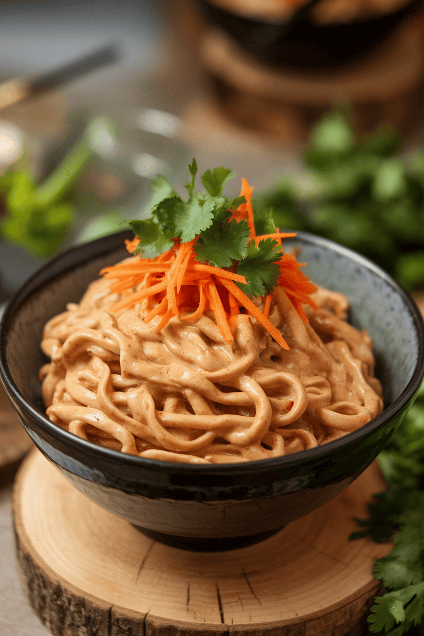 An indoor bowl of rice noodles coated in creamy peanut sauce with shredded carrots and cilantro garnish. No logos or text anywhere.
