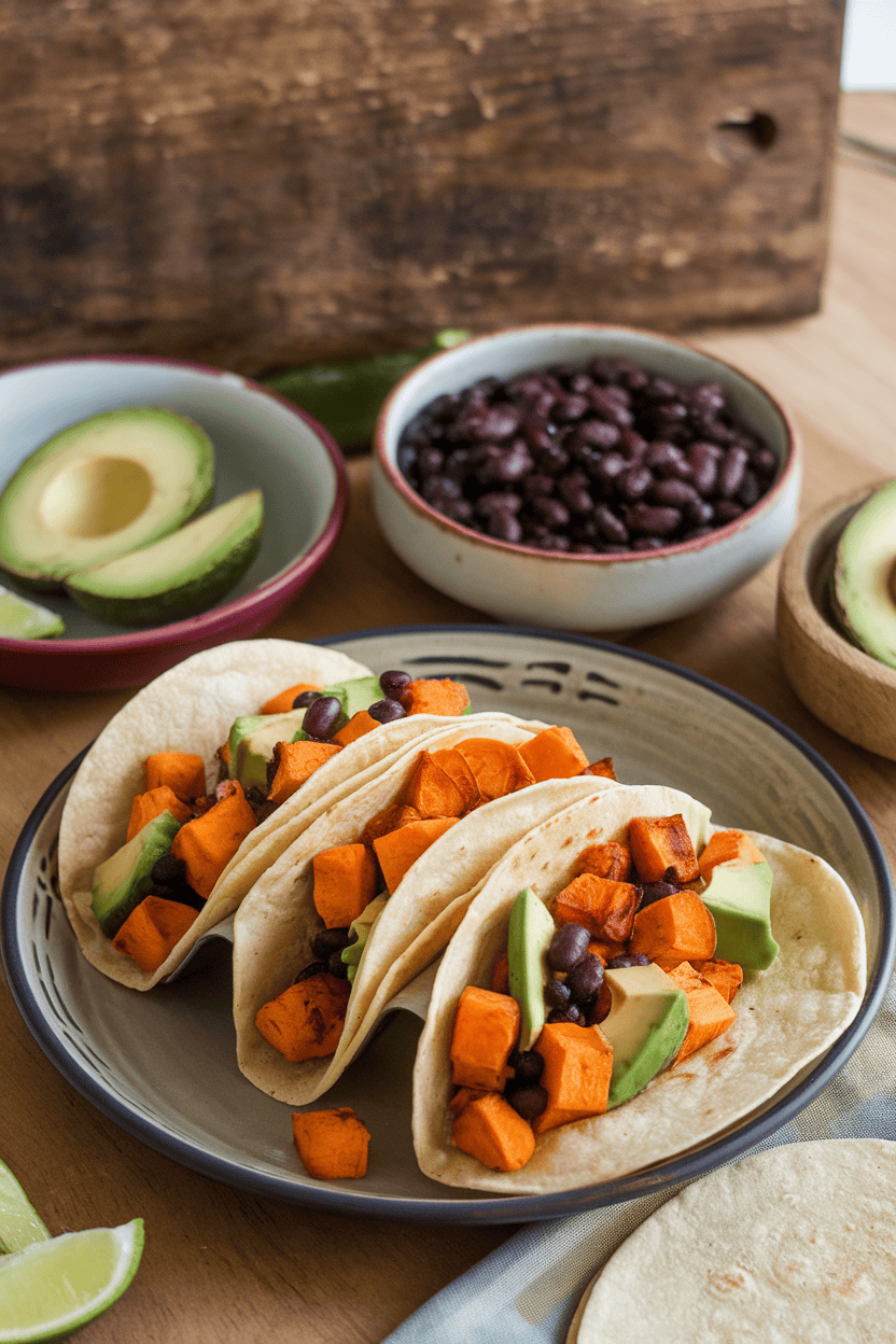 Photo, indoor taco assembly station, warm tortillas filled with roasted sweet potato cubes, black beans, and avocado slices; no text or logos.