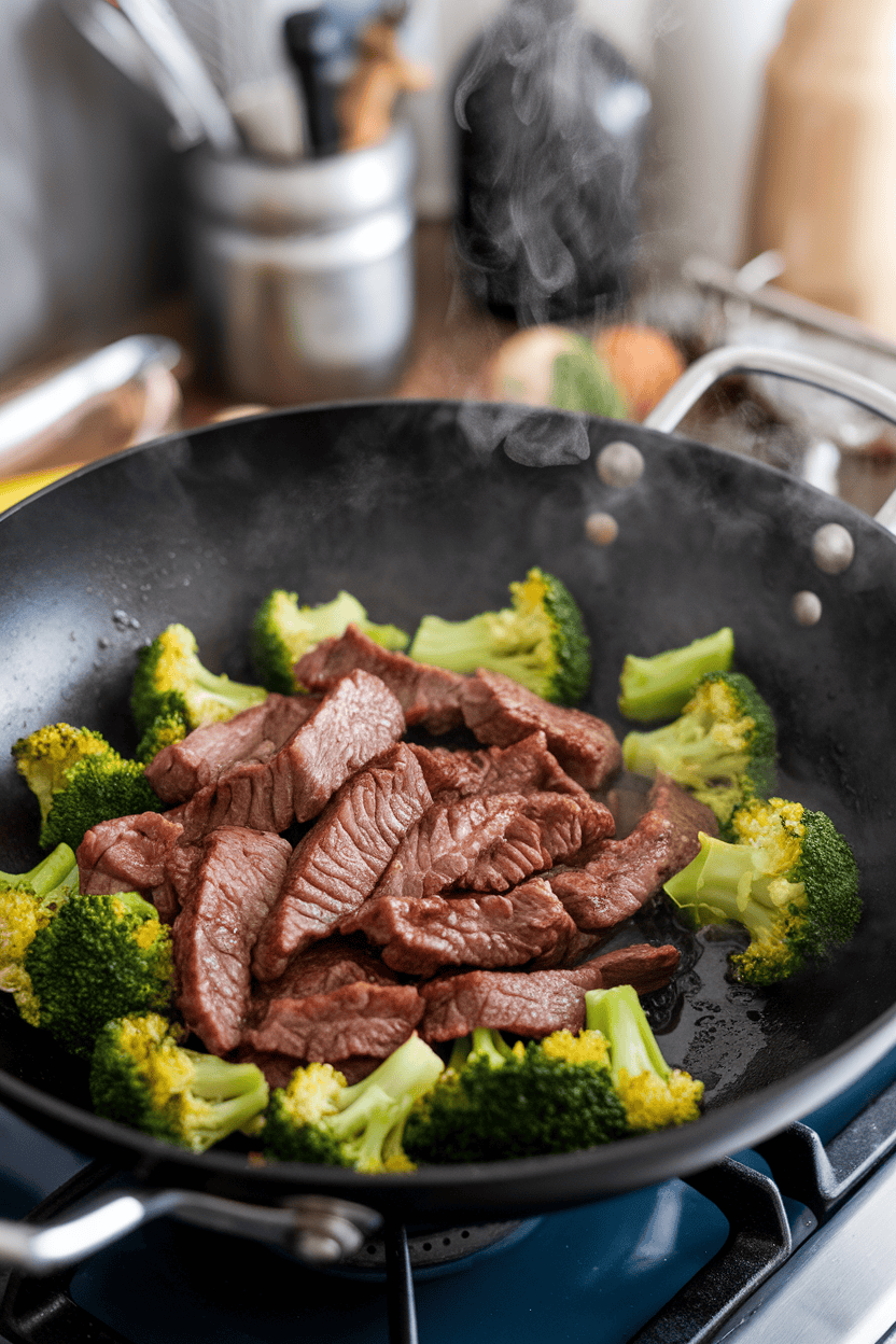 An indoor stovetop view of a wok filled with seared beef strips, bright broccoli florets, and a glossy soy-ginger sauce, steam curling upward. No text or logos on cookware.