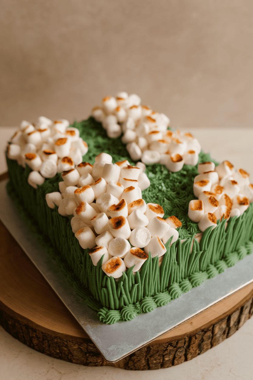 An indoor sheet cake decorated with green buttercream grass and clusters of toasted mini marshmallows, photographed in even overhead light. No text or logos present; photograph.