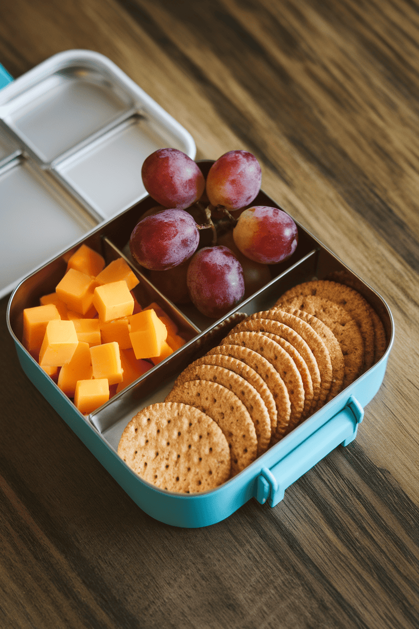 An indoor lunchbox scene featuring cubed cheddar, whole-grain crackers, and a few grapes arranged in a compartmentalized container on a wooden table, no text or logos, photo.