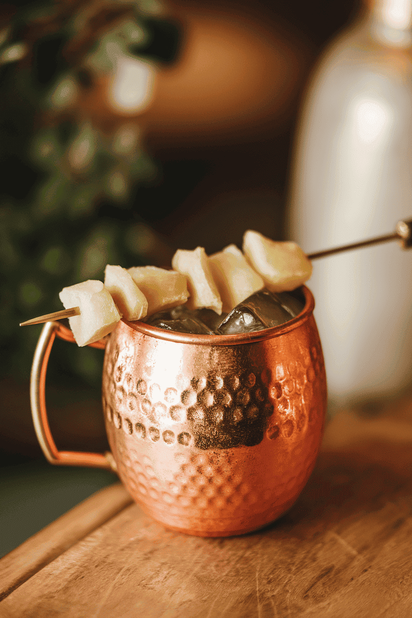 Photo, indoors, copper mug holding bourbon mule, candied ginger skewer across rim. No text or logos shown.