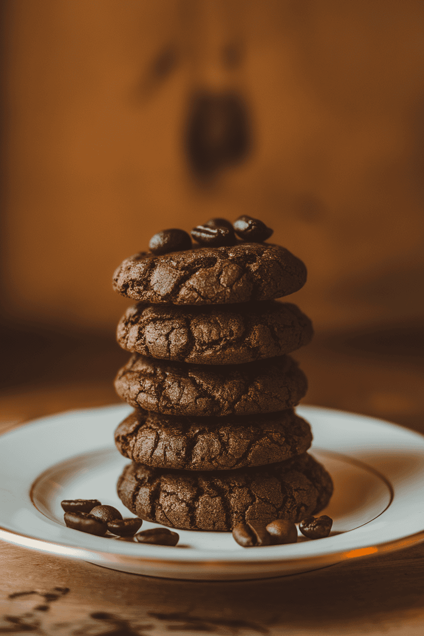 Indoor photo of small, dark coffee-flavored cookies stacked in a neat tower beside scattered coffee beans, warm indoor light, no text or logos