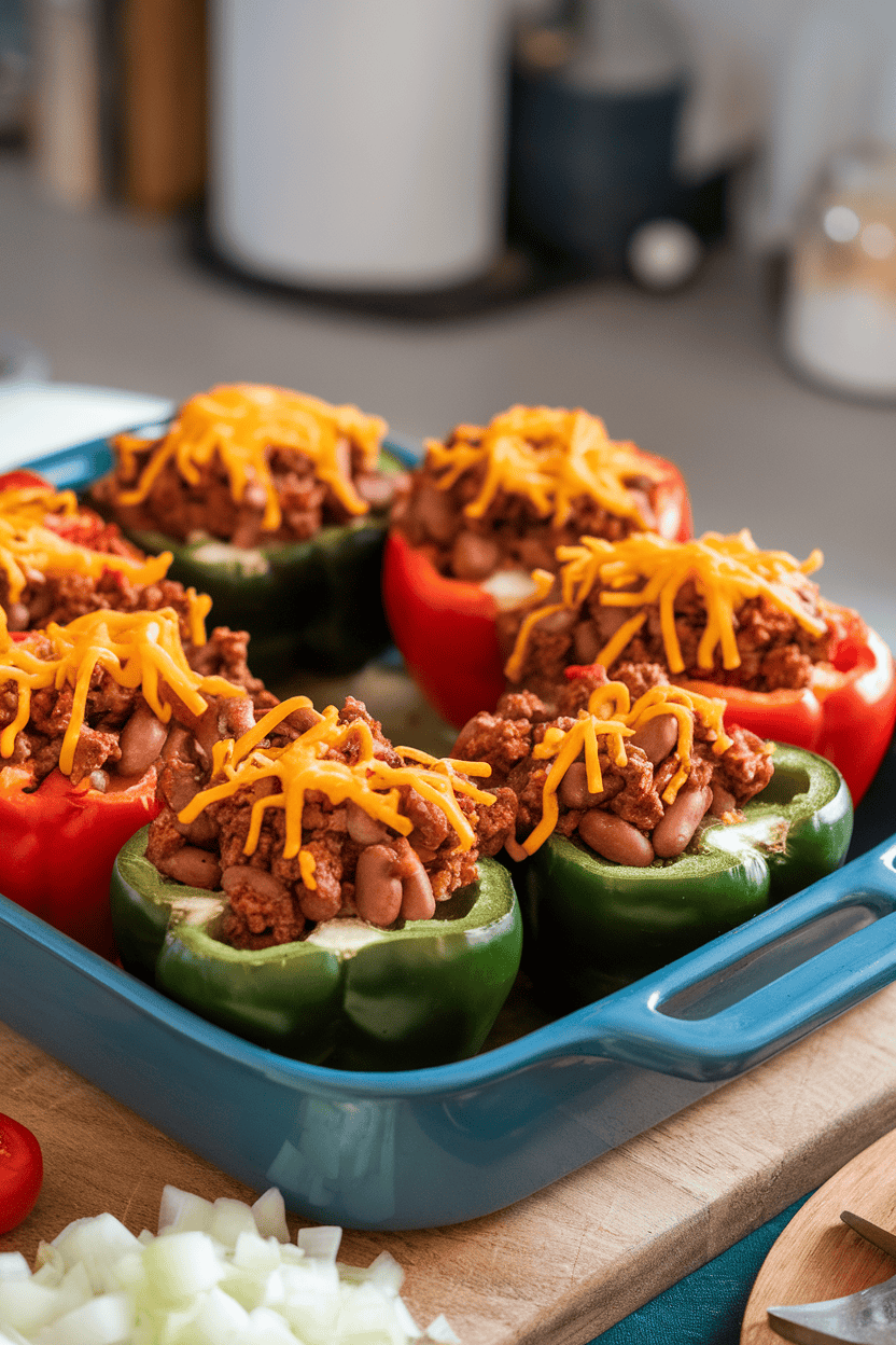 A baking dish on an indoor counter with halved bell peppers overflowing with taco-seasoned beef, beans, and melted cheese. No logos or text visible.