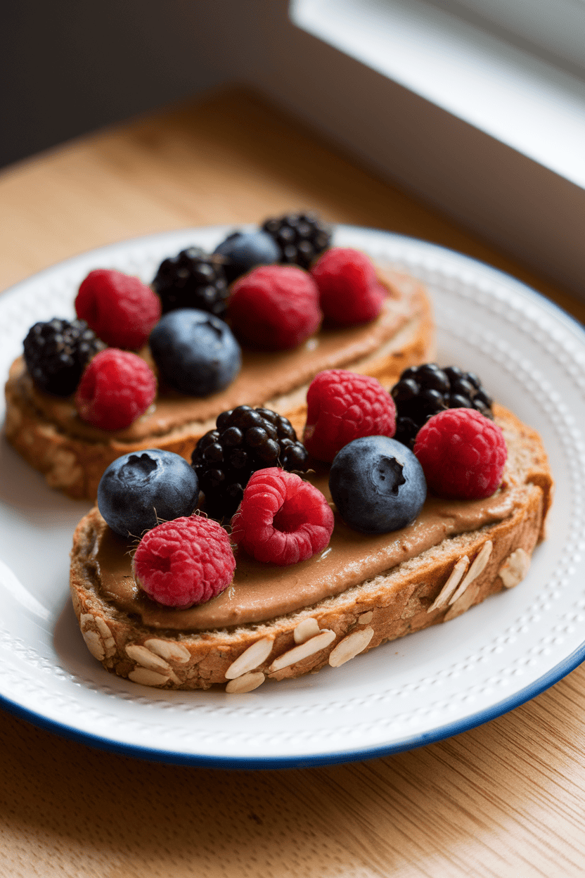 Indoor close-up of two slices of oat bread spread with almond butter and layered with fresh mixed berries. Soft window light, no text or logos.