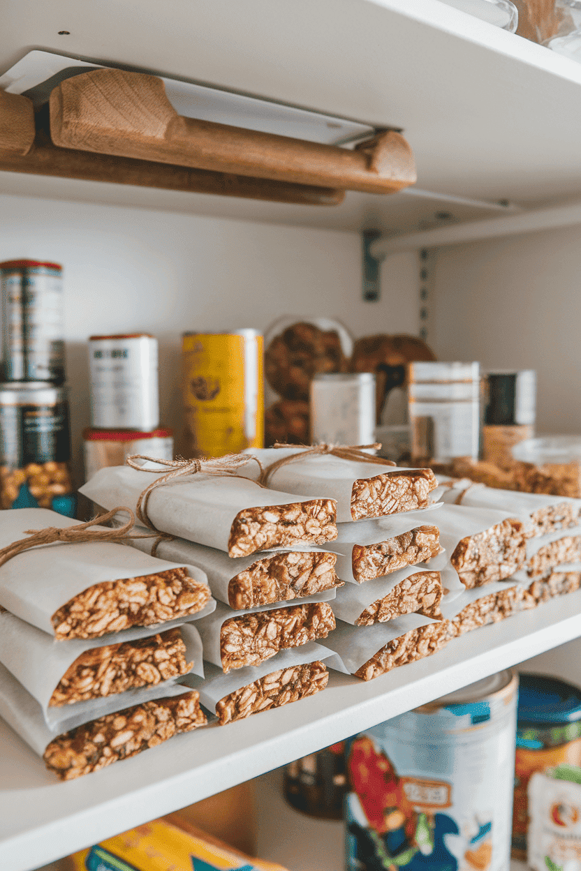 An indoor pantry shelf with neatly stacked homemade granola bars wrapped in unbranded parchment and tied with twine. No text or logos visible. Photo, not illustration.