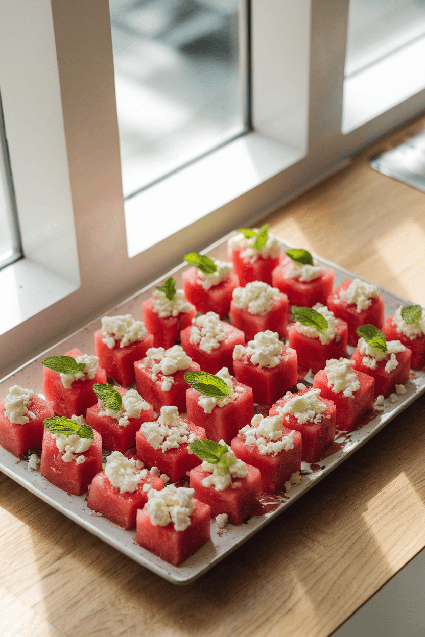 Indoor photo of bite-sized watermelon cubes topped with crumbled feta and a mint leaf, arranged neatly on a rectangular platter. Bright overhead lighting; no text or logos present.