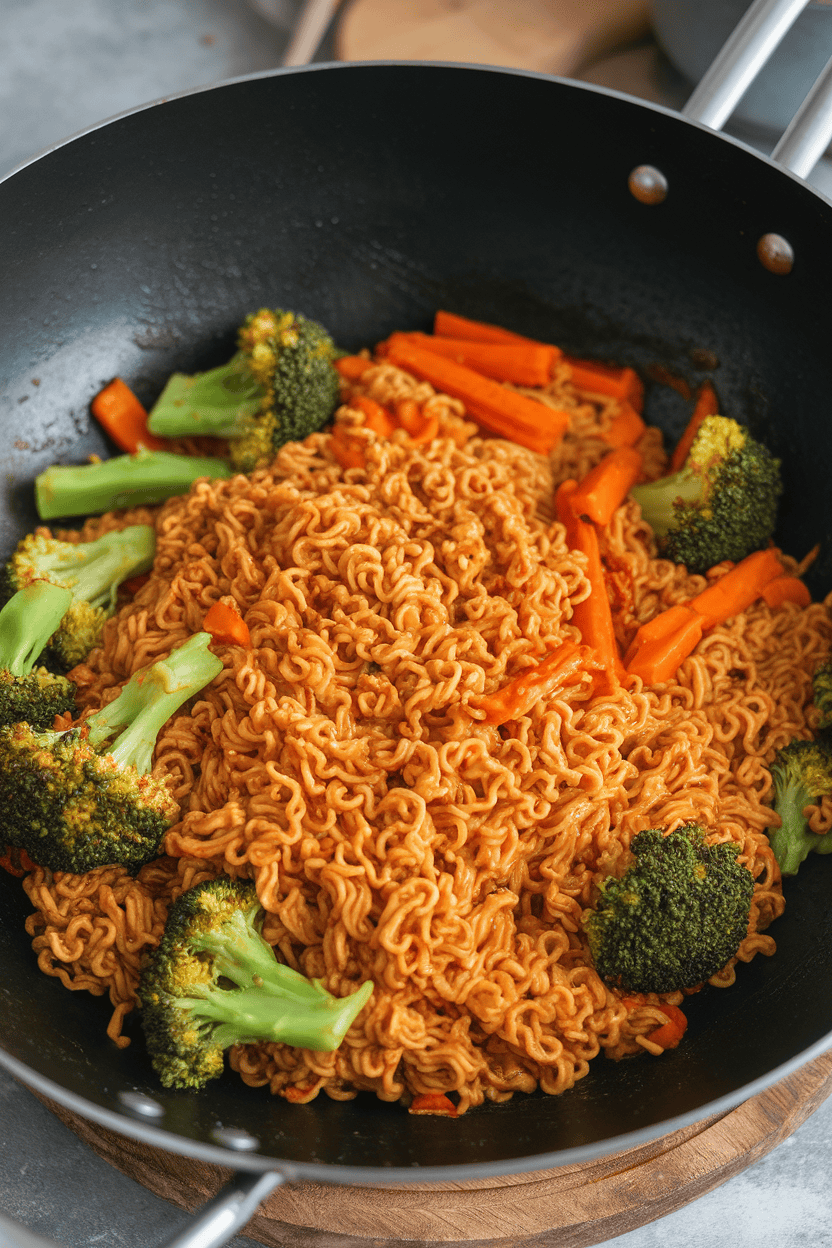 Indoor photo of a wok filled with sautéed ramen noodles, broccoli florets, and carrots coated in soy-ginger sauce; no text or logos.